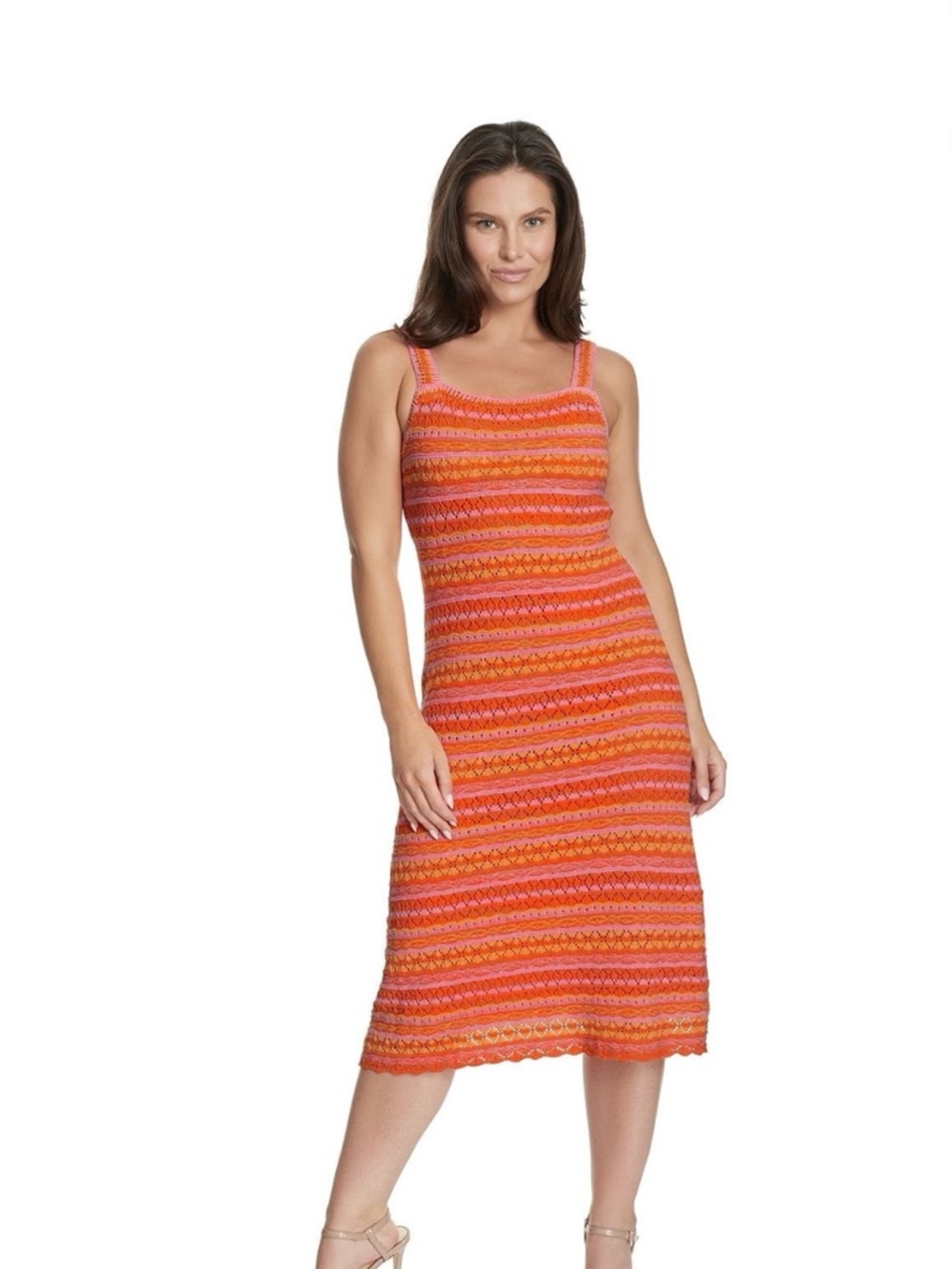 Jessica Simpson Orange and Pink Striped Crochet Midi Dress